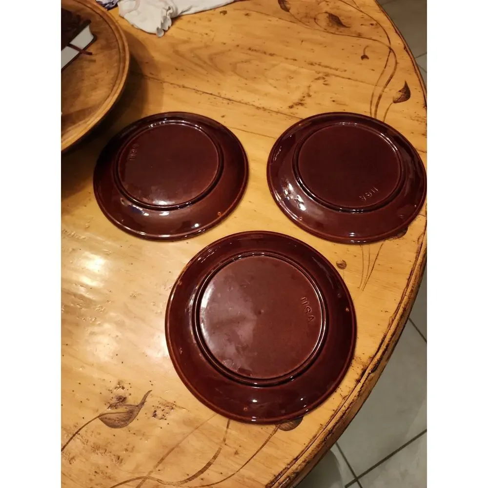 McCoy Pottery Made in USA Brown Drip 3 Dinner Plates, 3 Salad, 3 Dessert Bowls